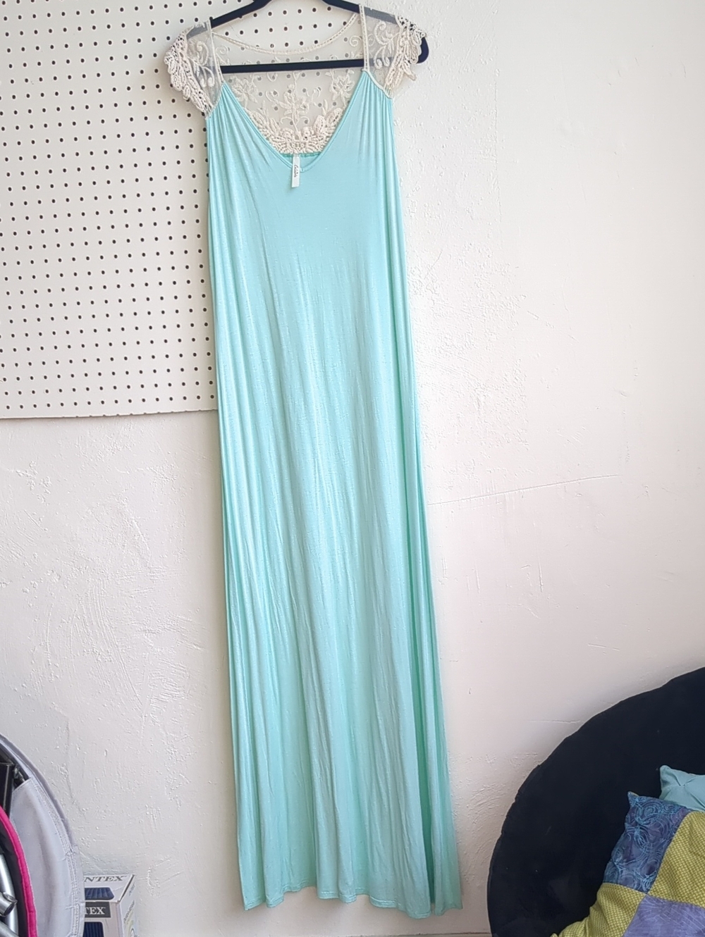 Celeste Mint Blue Maxi Dress with Lace Shoulders